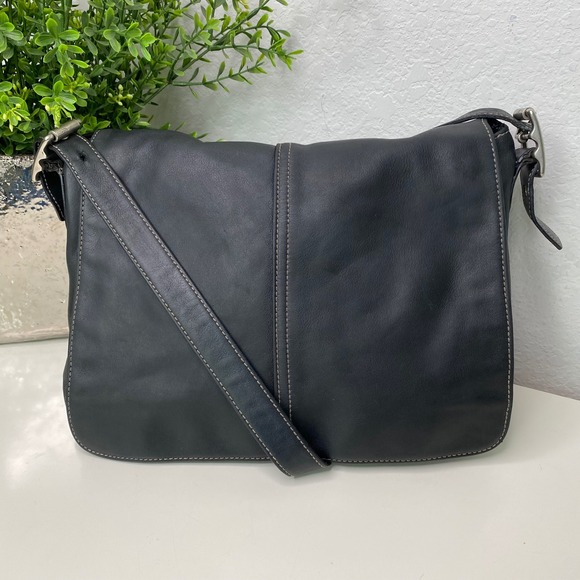 VTG Coach Hampton Flap Black Leather Messenger Bag Crossbody 9570 - Picture 1 of 13